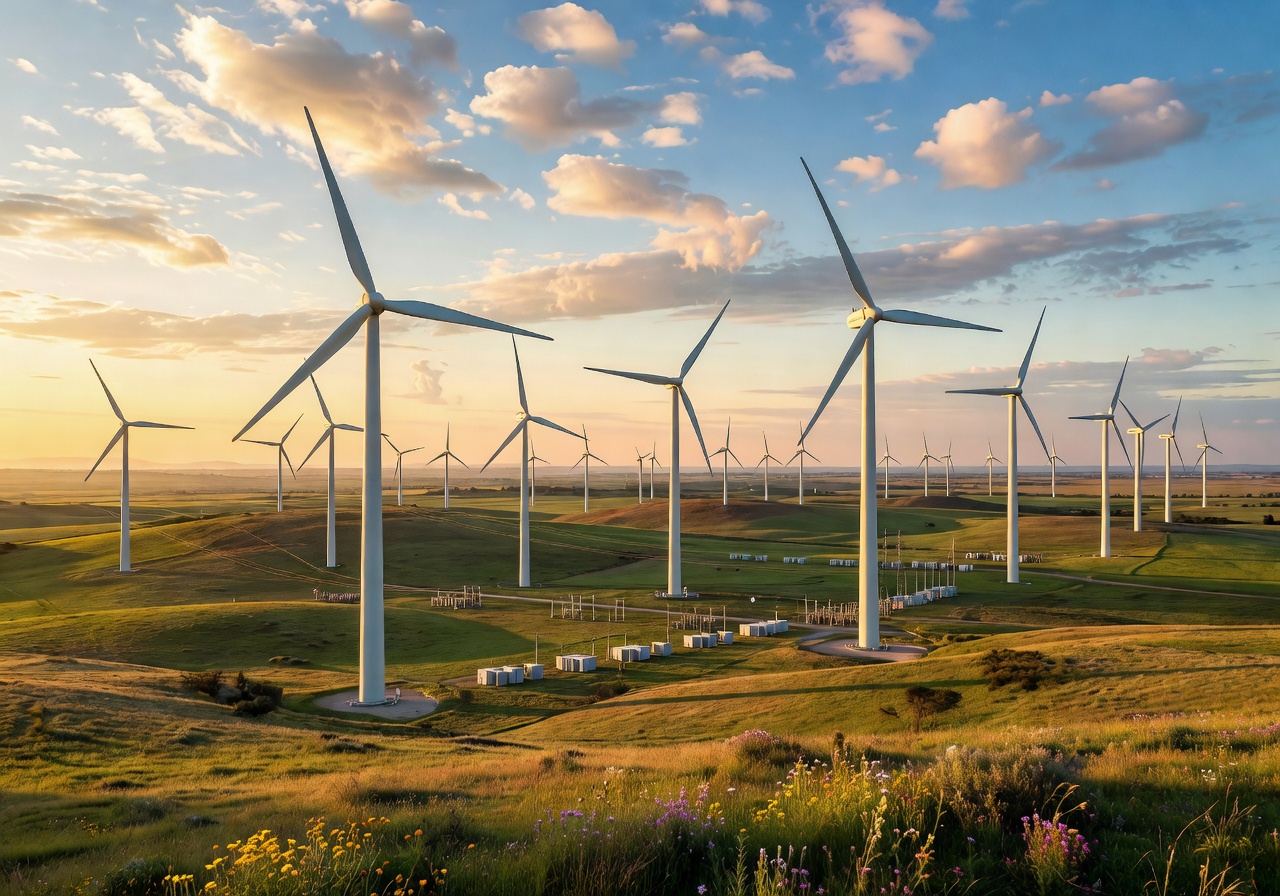 European wind energy farm at sunset