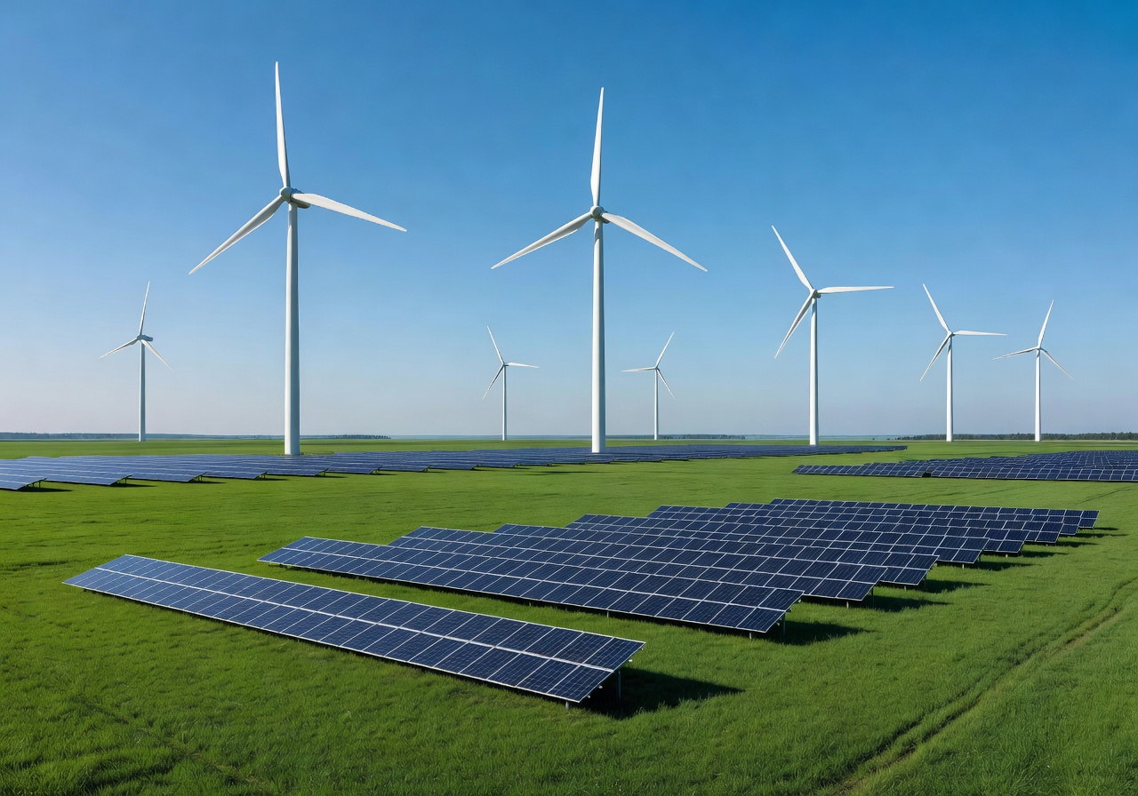 Wind turbines and solar panels in green energy field